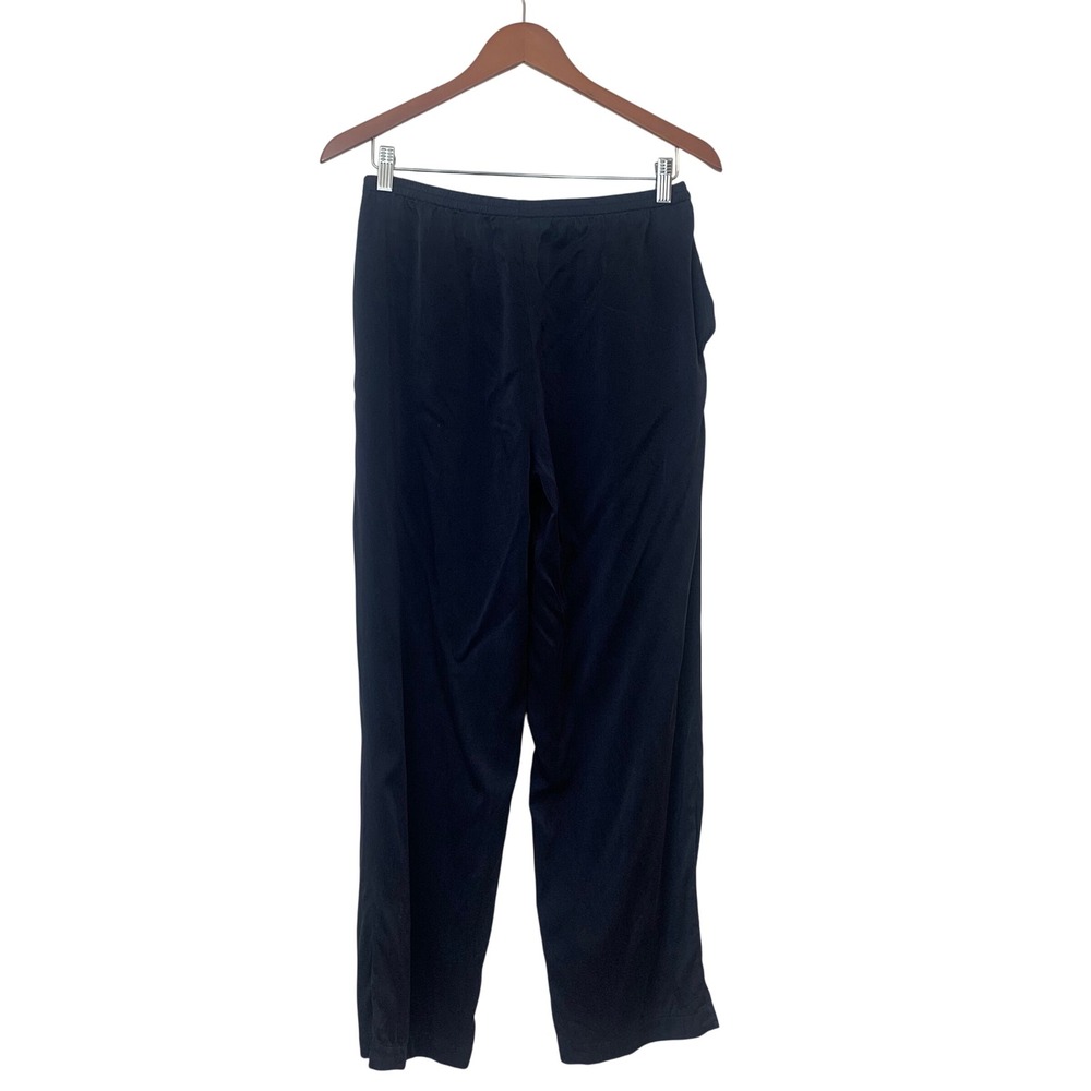 Eileen Fisher Petite Small 100% Silk Pants Navy Blue Straight Leg Elastic Waist